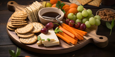 A healthy snack plate with vegetable sticks cheese and cr three generative AI