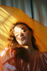 portrait of a woman/model/book character standing by a window in warm daylight with a thoughtful/sad expression in a fashion/beauty editorial magazine style film photography look  - generative ai art