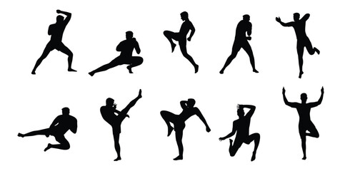 Set of Muay Thai character in different poses. Martial arts fighter. Flat vector illustration isolated on white background