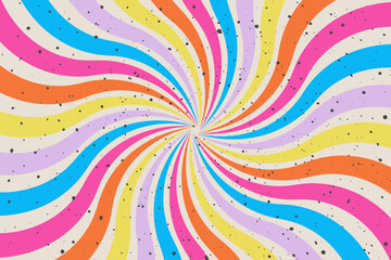 Abstract swirl background in groovy style. Vivid colorful backdrop. Retro sunburst vintage wallpaper. Vortex spiral twirl. Vector twisted design with spiral rays circus illustration for banner, poster