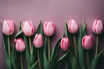 Pastel pink tulips for International Women's Day. Top view with copy space. Generative AI