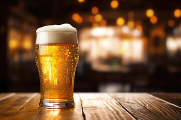 Cold glass of beer on wooden table and blur bar background. Copy space
