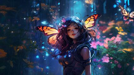 Serenity in Bloom: Anime Girl Amidst Flowers and Butterflies