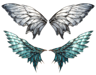 set of mystical shiny elf fairy fantasy wings on transparent background