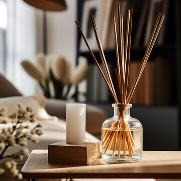 Reed diffuser bottle mockup, aroma diffuser in luxurious beige and brown home interior decor, front view