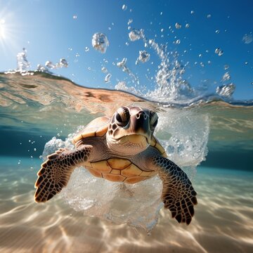 big turtle swims under blue transparent clear water photo half underwater