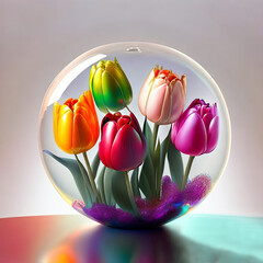 Bouquet of colorful beautiful tulips in a spherical glass vase