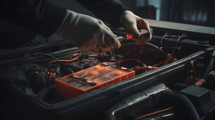 A mechanic checking a car battery with a multimeter Hyper generative AI - obrazy, fototapety, plakaty