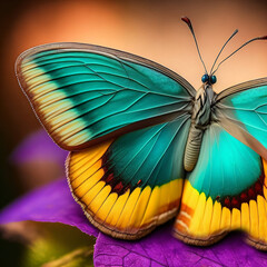 Illustration of a butterfly in full wingspan sits on a flower, close-up macro