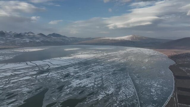 Aerial view of frozen Lake Paravani. The largest lake in Georgia at an altitude of more than 2000 meters.