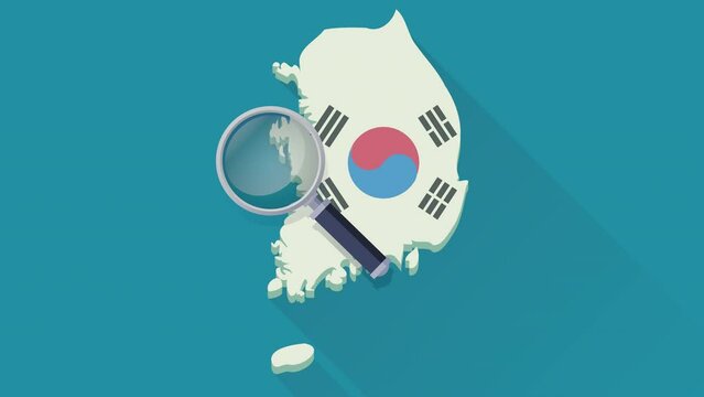 Animation loop of a magnifying glass peering at the map of South Korea in colors of the south korean flag in flat design style with a blue background, alpha channel, transparency and white background