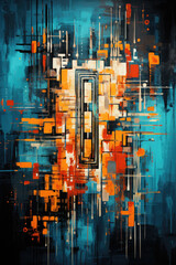 A painting of a city with a clock on it. Generative AI.