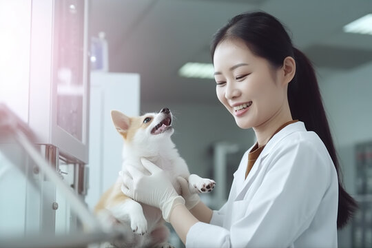 Veterinarian, an asian animal doctor checking a dog at a vet clinic, AI generative image.