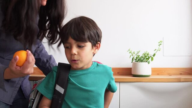 Mother helping her son with the backpack in a hurry leaving to get to school
