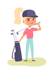 Young golfer with bag and golf clubs, small cheerful girl in hat playing sport game