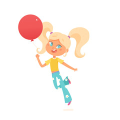 Little girl jumping with balloon, funny child holding rope of balloon to jump and fly