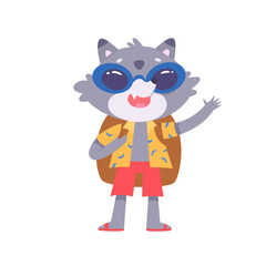 Cute raccoon tourist travels, baby animal character with sunglasses and backpack
