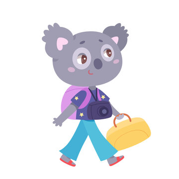 Cute koala travels with baggage, baby animal tourist with backpack and bag on trip