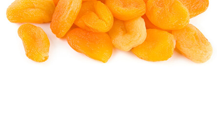 Dried apricots isolated on white . Free space for text. Wide photo.