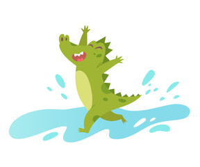 Cute crocodile running through water of summer rain puddles, crazy alligator jumping