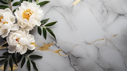 An elegant arrangement of golden peonies and leaves on a marble surface, captured from a top view perspective, offering a luxurious and stylish backdrop for your text. Wedding card. Generative AI.