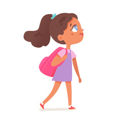 Girl walking with backpack vector illustration. Cartoon isolated kid tourist going to summer vacation, travel in airport of student character, walk of happy female passenger