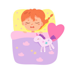 Cute girl sleeping with toys, bedroom top view with happy sleepy child lying in bed