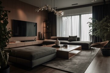 Fototapeta na wymiar A modern living area with clean lines and sleek furniture. Generative AI