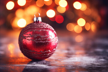 Obraz na płótnie Canvas Red Christmas ball on lights background with bokeh effect, generative ai