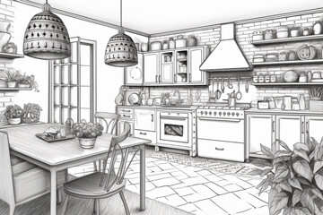Sketch drawing on a sheet of kitchen interior, generative ai