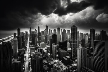 Illustration of a storm brewing over a city in a black and white photo, created using generative AI