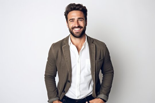 Portrait Of A Handsome Young Man Smiling At Camera Over White Background