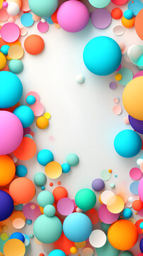 Abstract background with multicolored flying spheres or balloons. Multi colored bubbles background with copy space. Colorful pastel matte and glossy balls of different size on white background