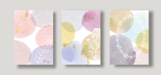 Abstract background. Wedding invitation card template set with floral and gold watercolor decoration for save the date, greeting, poster, and cover design