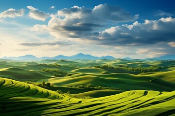 A peaceful landscape with green fields and majestic mountains in the background. AI