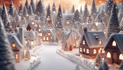 Christmas theme of a small and cozy xmasvillage in the snow. Generative AI illustrations