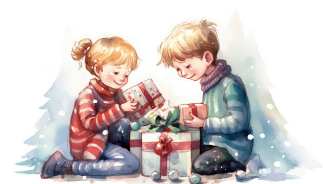 Excited young kids opening Christmas presents in a cozy xmas themed image. Generative AI illustrations