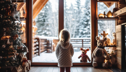 Little girl looking out of the window, waiting for Santa Claus at Christmas eve. Generative AI illustrations - obrazy, fototapety, plakaty