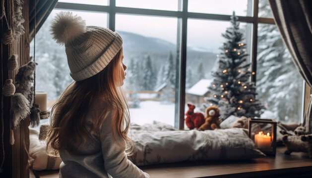 Little girl looking out of the window, waiting for Santa Claus at Christmas eve. Generative AI illustrations