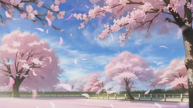Beautiful fantasy spring nature landscape and cherry blossom tree animated background in Japanese anime watercolor painting illustration style. seamless looping video animated background.