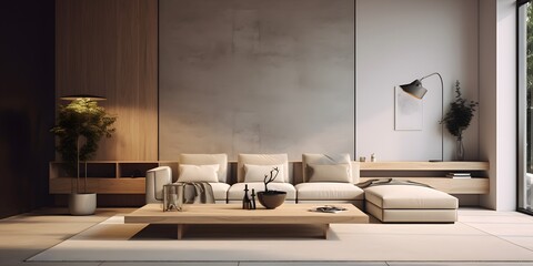 Minimalist interior design of modern living room. Created with generative AI