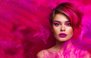 Young girl with art make-up in viva magenta color. Copy space. Generative AI