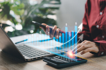 Business development graphs and charts on virtual screens concept, Businesswomen analyze business financial growth management and development to achieve goals of the good product statistics