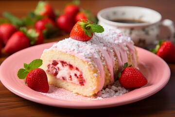 A piece of cake with strawberries on a plate. AI