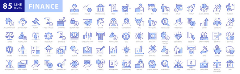 Finance icon set. With Concepts like Profit, Losses, Stock, Tax, Exchange, Budget, Funds, Earnings, Money and Revenue icons. Blue Colored Outline Icons Collection. - 620594904
