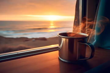 coffee mug inside van and sunrise view at beach ai generated art