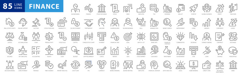 Vector business and finance editable stroke line icon set with money, bank, check, law, auction, exchance, payment, wallet, deposit, piggy, calculator, web and more isolated outline thin symbol - 620594939