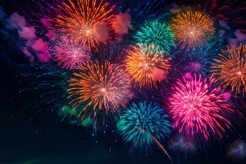 Illustration of Fireworks lighting up the night sky in a beautiful display of colors and patterns, created using generative AI