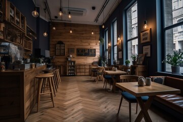 Fototapeta na wymiar Coffeehouse or cafe with furniture and wooden decor. Generative AI