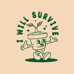 vintage style cartoon character plant pot illustration